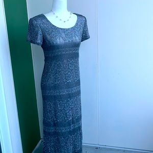 Vintage 80s 90s Metallic Silver Lace Stretchy Knit Semi Formal Maxi Dress